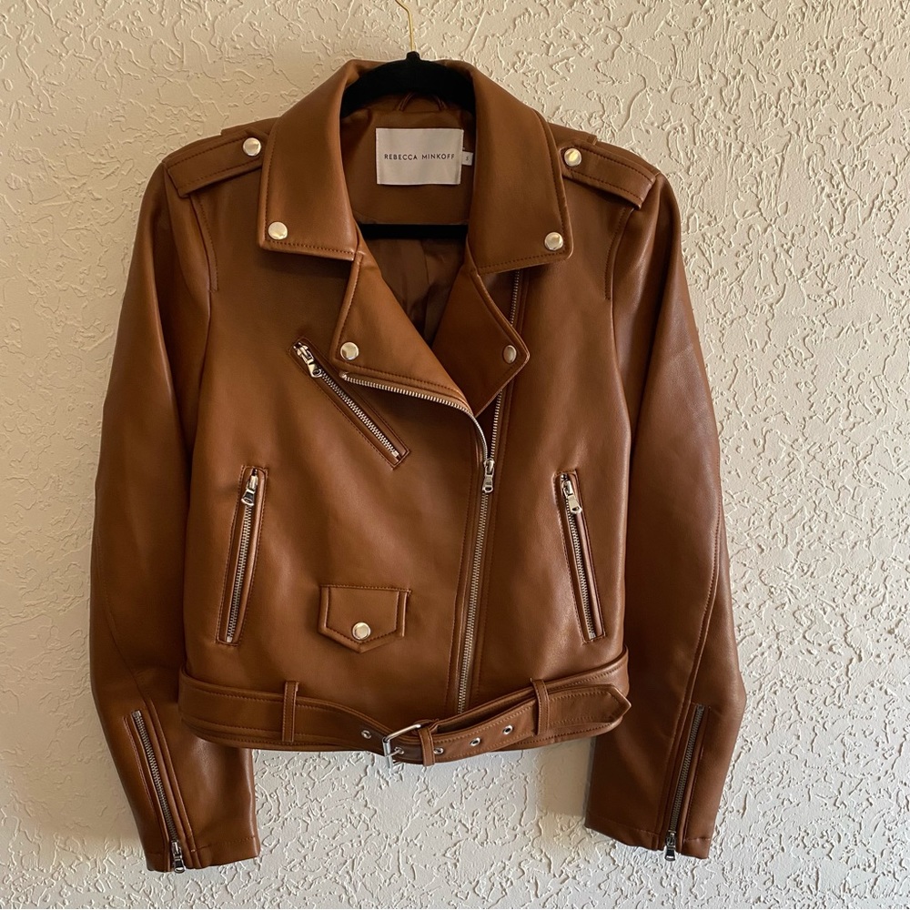 NWOT Rebecca Minkoff Cognac Tan Faux Leather Moto Biker Zipper Jacket Size Small - Picture 2 of 10
